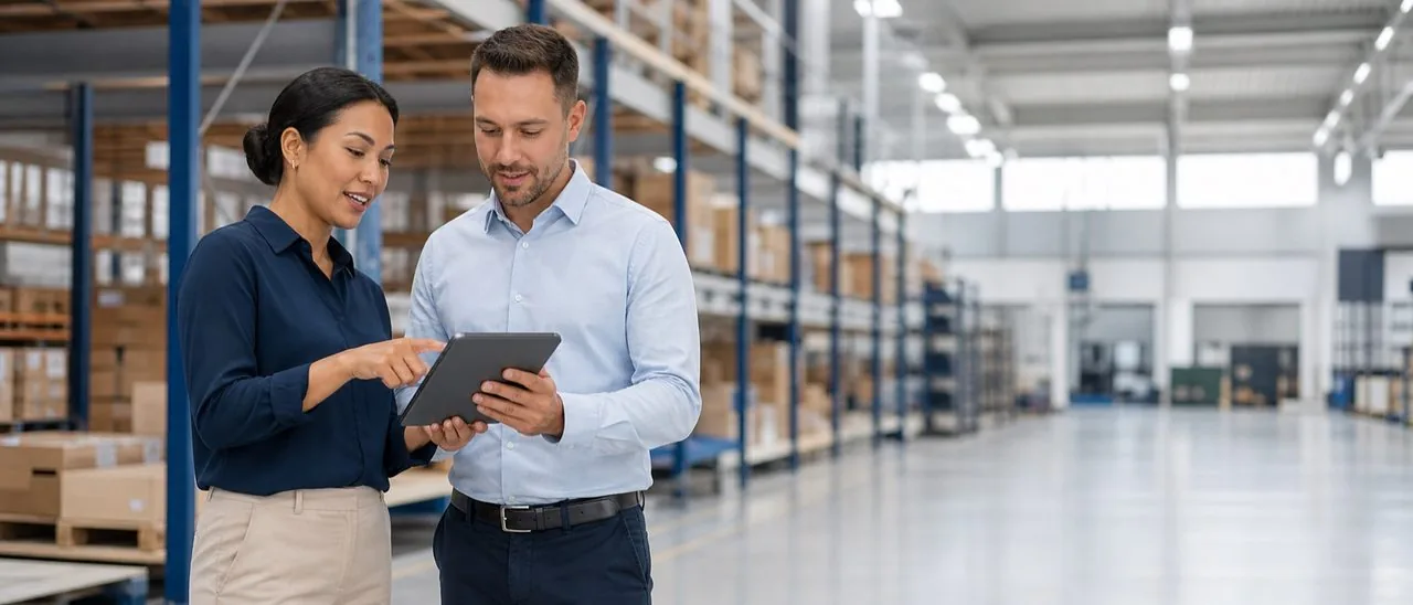 A wide bright distribution centre with neat shelving and two professionals in business casual reviewing a tablet, modern and clean, no high vis or hard hats