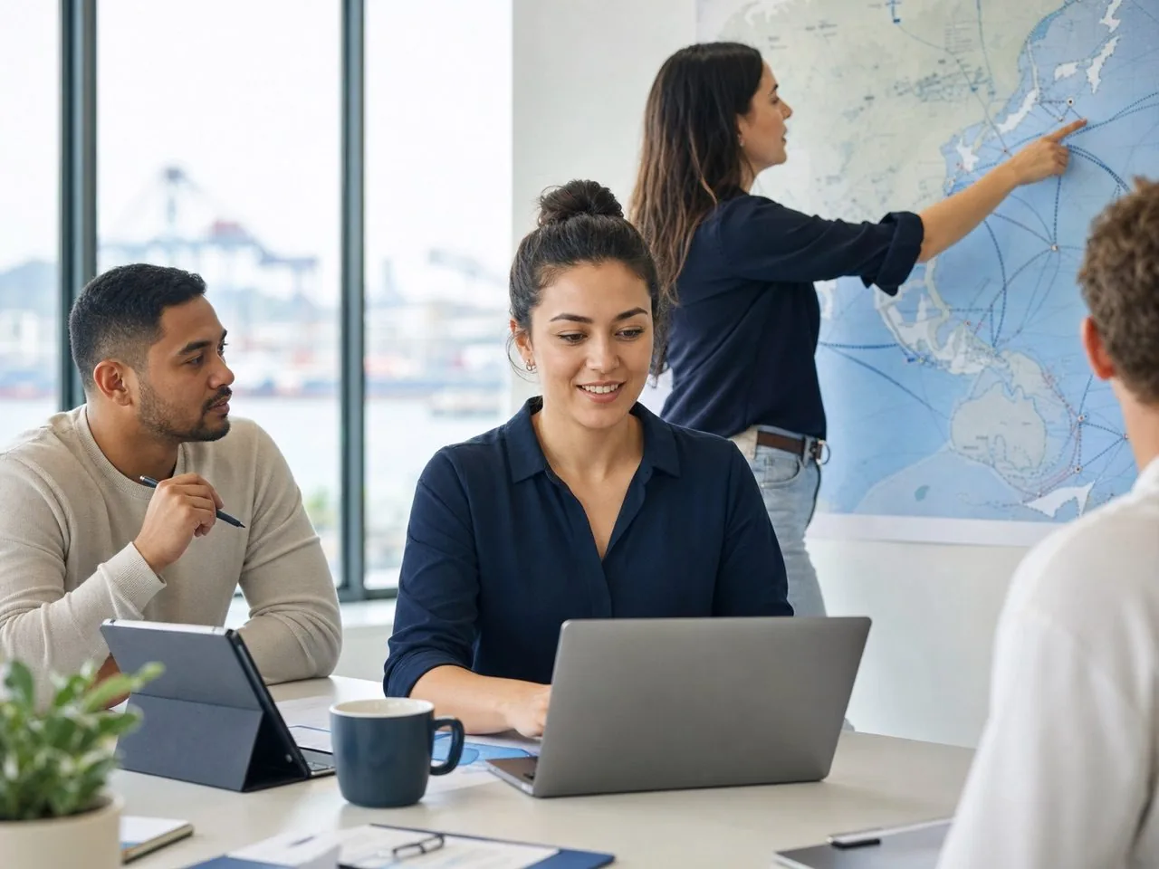 A diverse team of New Zealand supply chain professionals at a bright planning desk with a wall map and laptops, mid thirties career changer in focus
